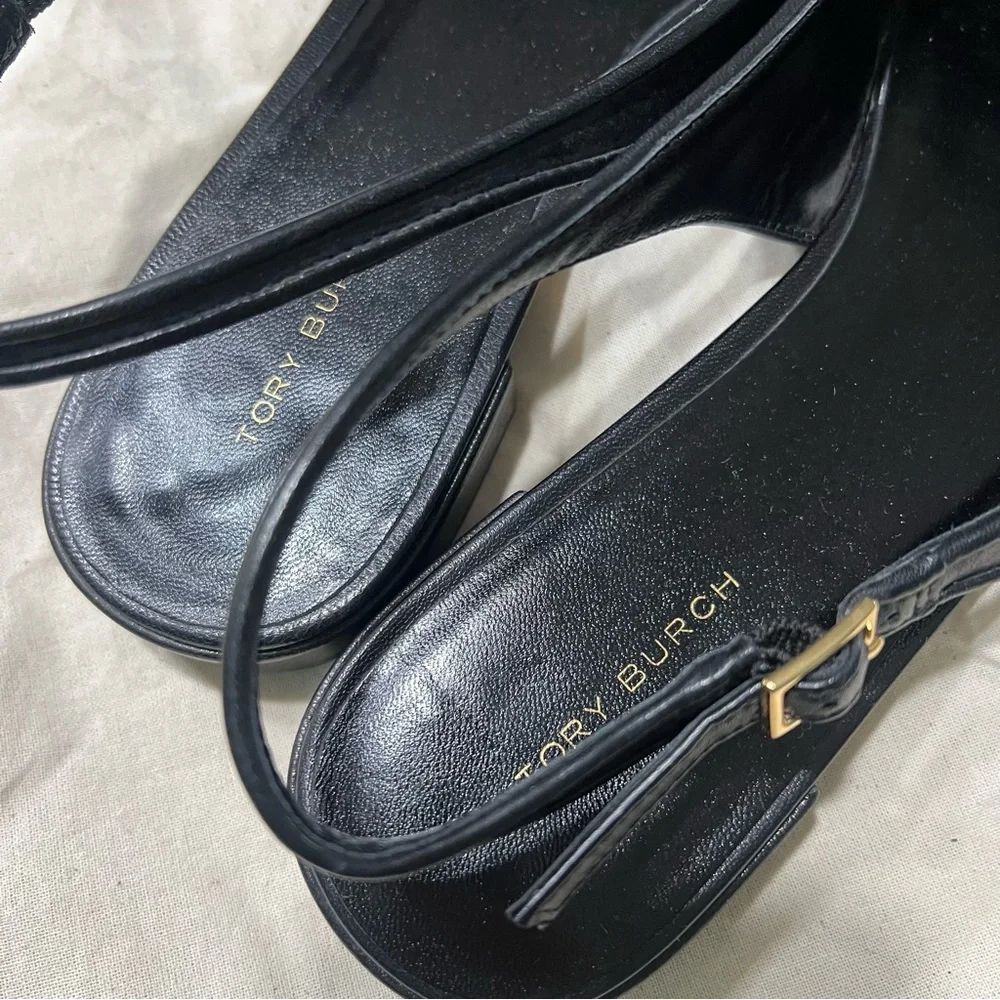 Tory Burch Slingback Cap toe Black Leather Flats gold logo size 9.5 leather sole